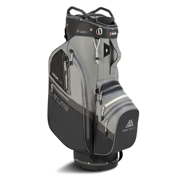 Big Max Dri Lite V-4 Cartbag in Grau-Schwarz mit mehreren Reißverschlusstaschen und flexiblem Tragegriff.