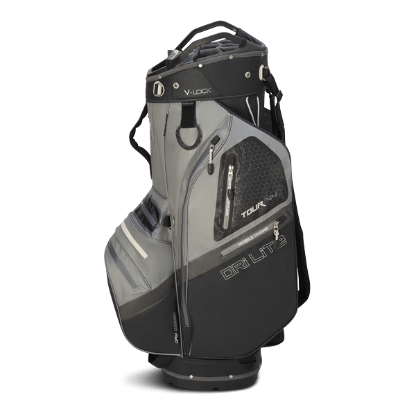 Großes Big Max Cartbag in Grau-Schwarz mit mehreren Taschen, V-Lock Befestigungssystem und robustem Standfuß.