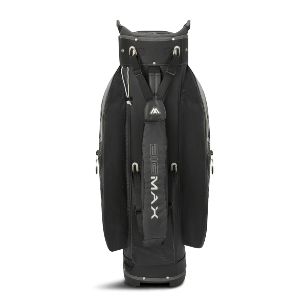 Schwarzes Big Max Dri Lite V-4 Cartbag mit mehreren Reißverschlusstaschen und gepolstertem Tragegurt.