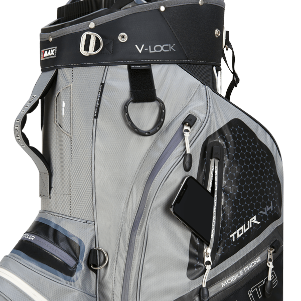 Golf Cartbag Big Max Dri Lite V-4 in Grau-Schwarz mit mehreren Reißverschlusstaschen und Smartphone-Halterung.