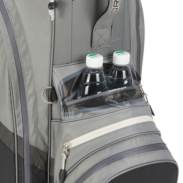 Graues Big Max Dri Lite V-4 Cartbag mit isoliertem Kühlfach für Getränke und Reißverschlusstasche.