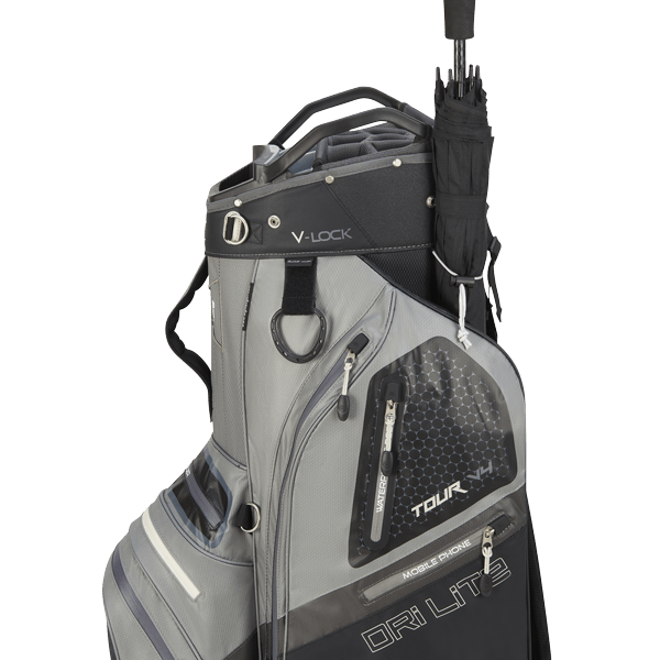 Big Max Dri Lite V-4 Cartbag in Grau-Schwarz mit mehreren Taschen und Regenschirmhalterung.