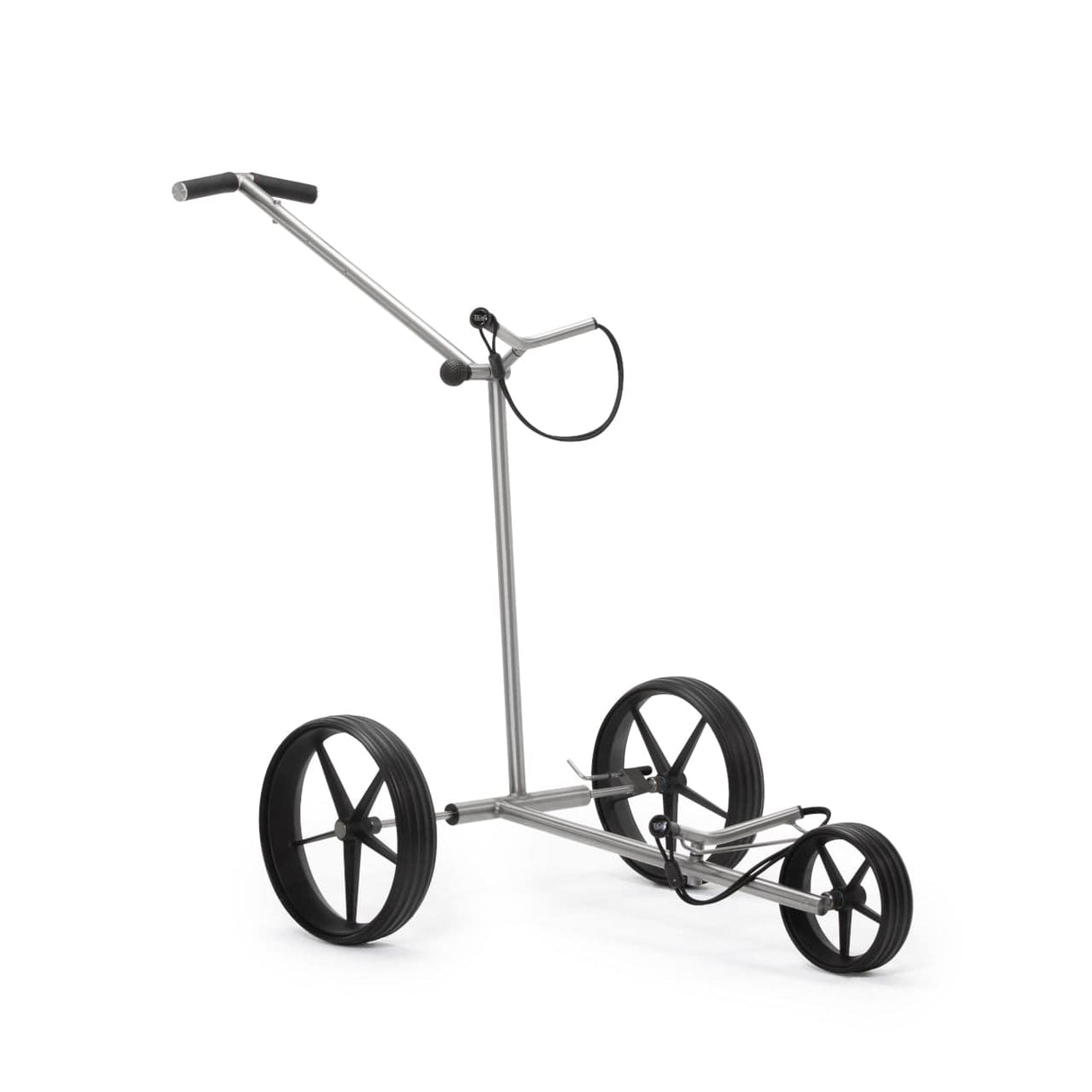 TiCad Canto Golftrolley mit drei schwarzen GFK-Rädern und silbernem Rahmen.