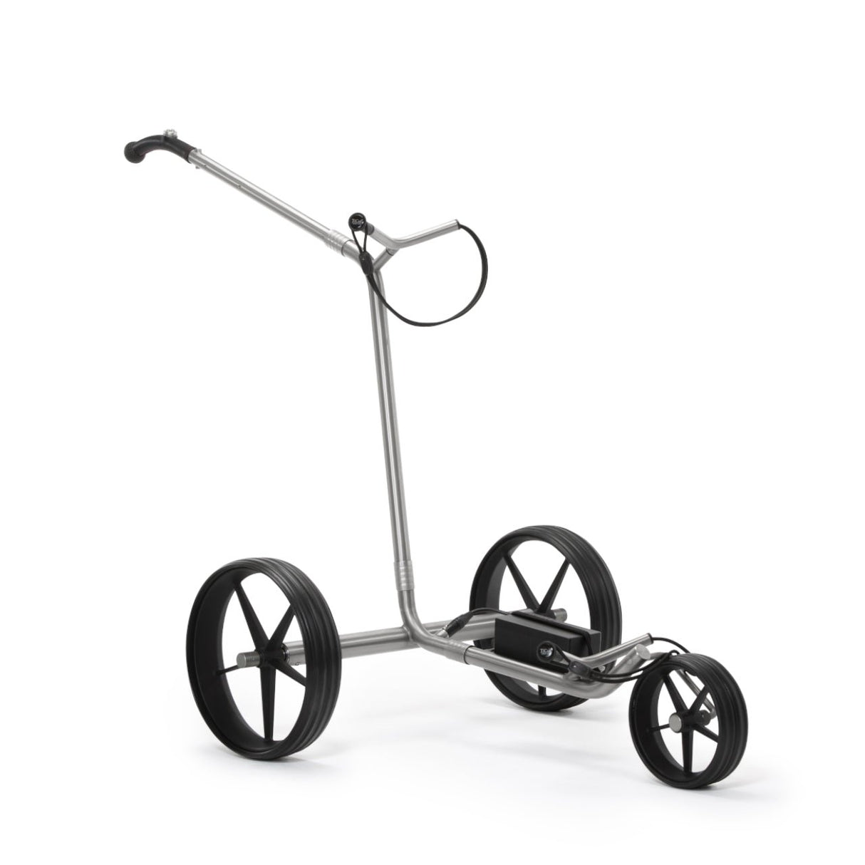 Silberner TiCad Goldfinger Elektro-Golftrolley mit drei schwarzen GFK-Rädern und ergonomischem Griff.
