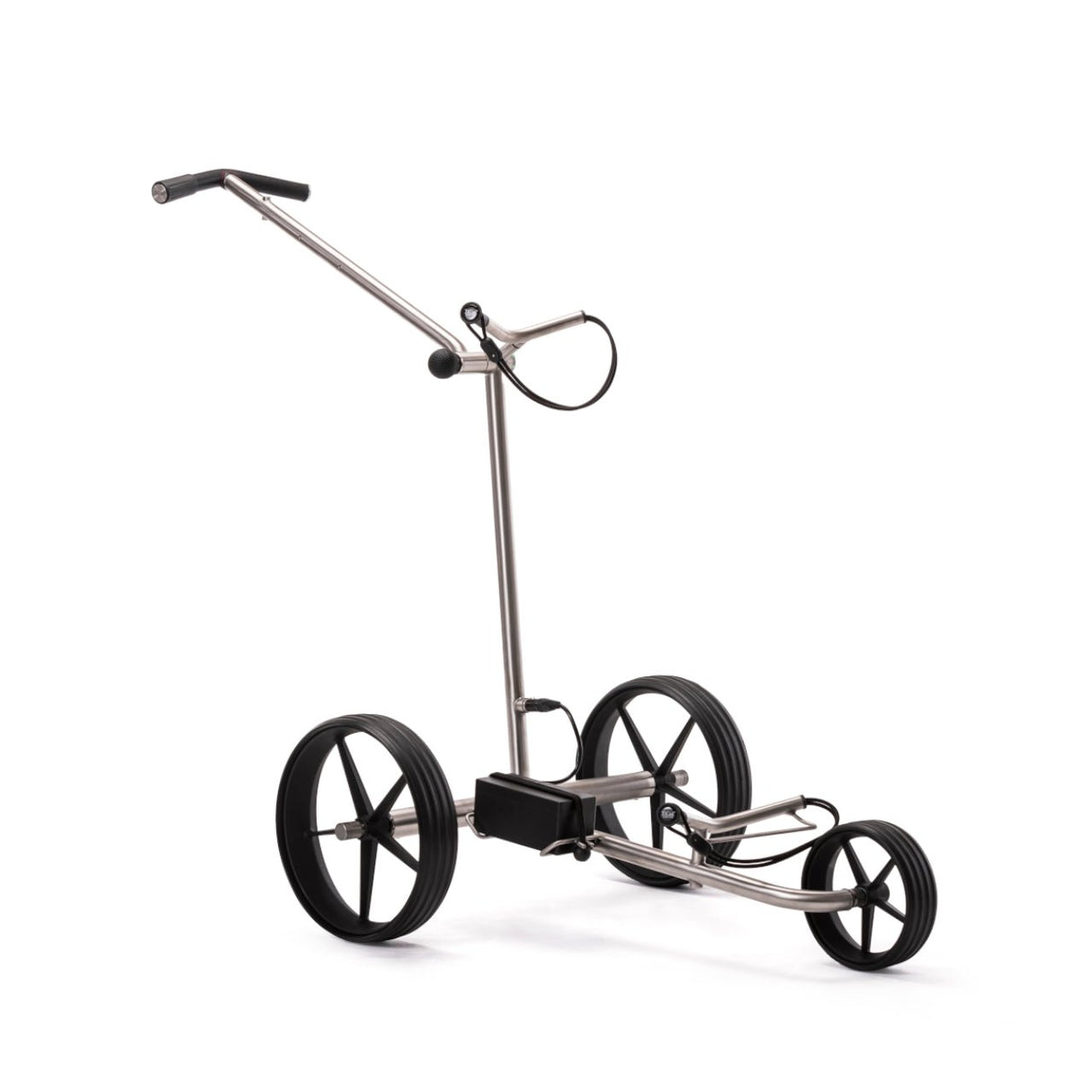 Elektro-Golftrolley TiCad Voyage 2025 mit GFK-Rädern und beledertem Drehgriffsteuerungrahmen aus Metall.