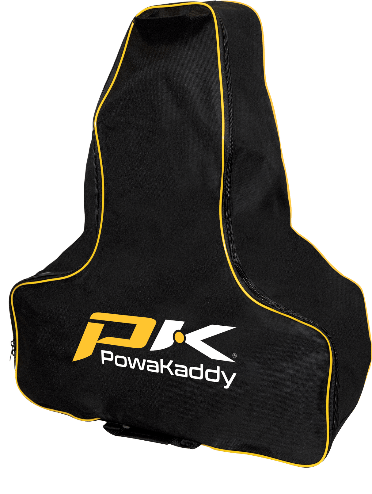 Schwarze PowaKaddy Compact Trolley Reisetasche mit gelben Akzenten und Logo auf Vorderseite.