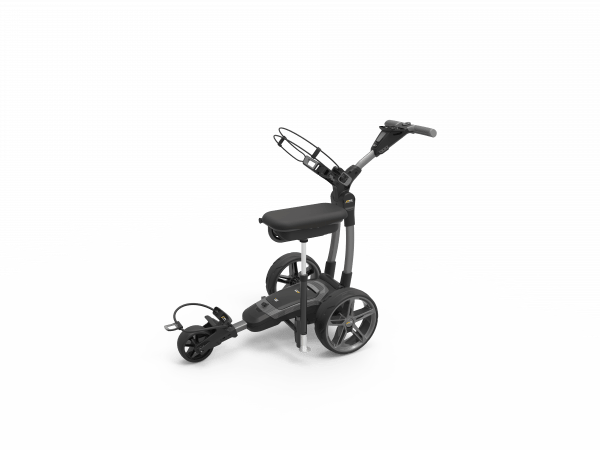 Kompakter schwarzer PowaKaddy Deluxe Aufbewahrungssitz mit integrierten Rollen und Halterung.