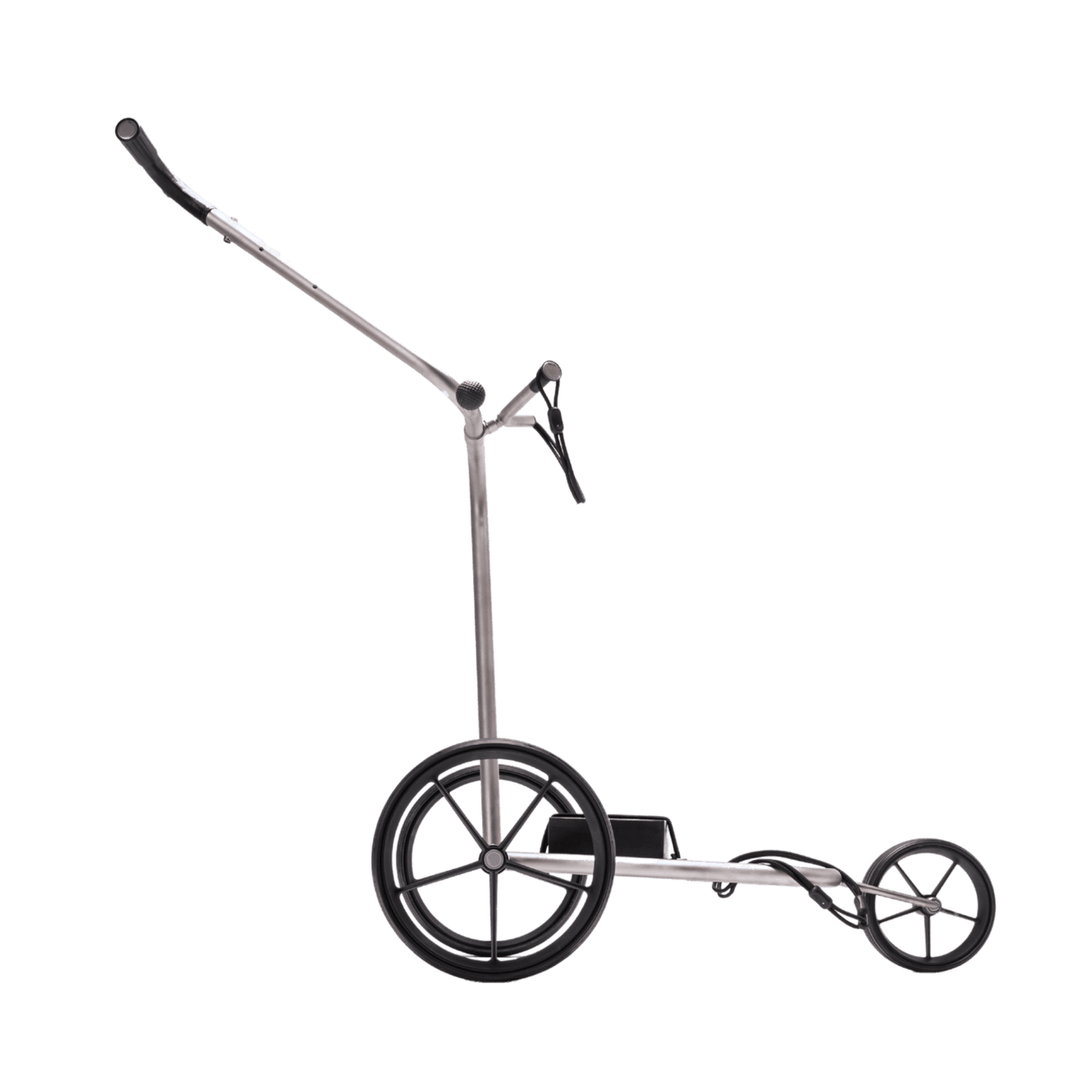 TiCad Tango Elektro-Golftrolley mit GFK-Rädern, silberner Rahmen und ergonomischem Griff.