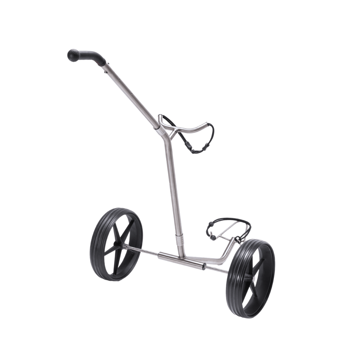 TiCad Pro Golftrolley Zwei-Rad mit silbernem Metallrahmen und schwarzen Luftreifen.
