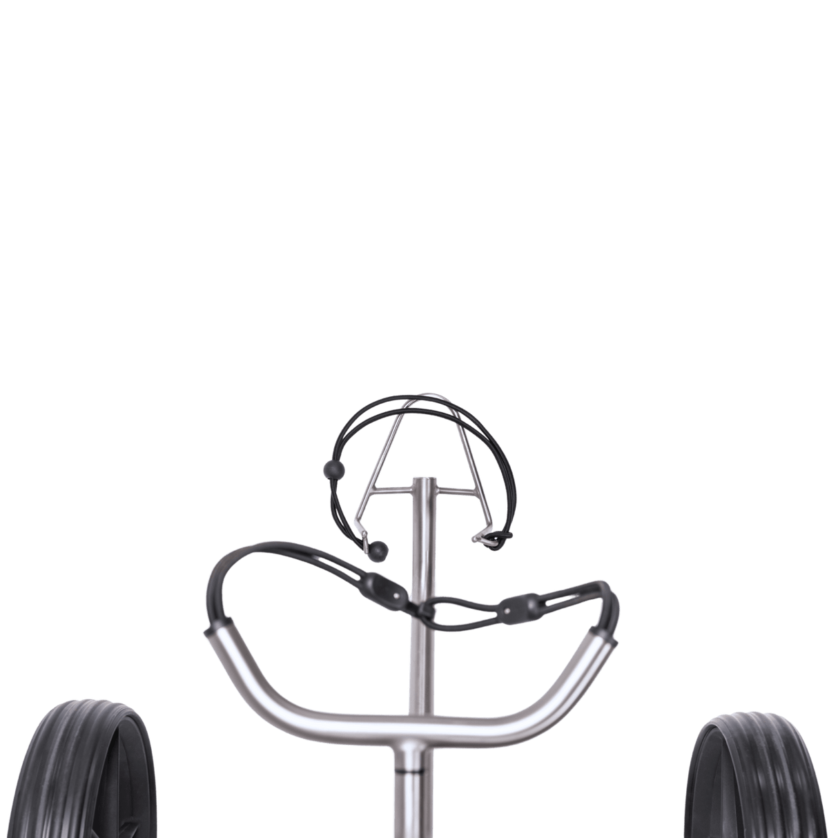 TiCad Pro Golftrolley Zwei-Rad mit robustem Rahmen aus GFK, silberfarben, ergonomischer Griff, zwei große schwarze Räder.