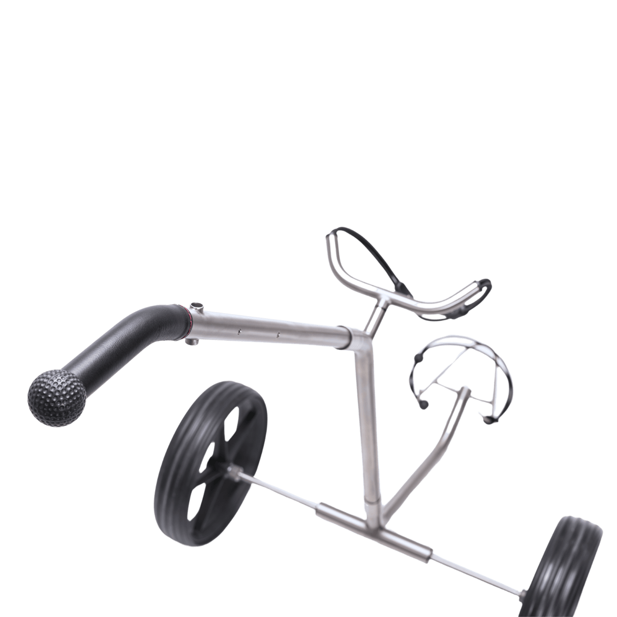 TiCad Pro Golftrolley Zwei-Rad mit silbernem Rahmen und zwei großen schwarzen Rädern.