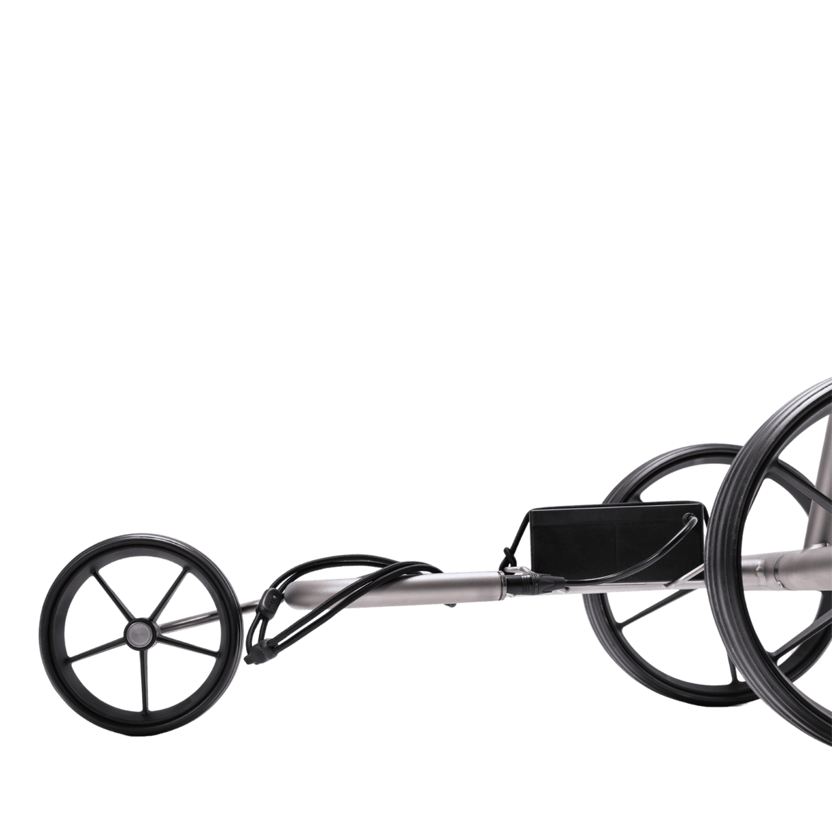 Elektrischer TiCad Tango Golftrolley mit schwarzem Gestell und drei GFK-Rädern, inkl. Parkbremse.