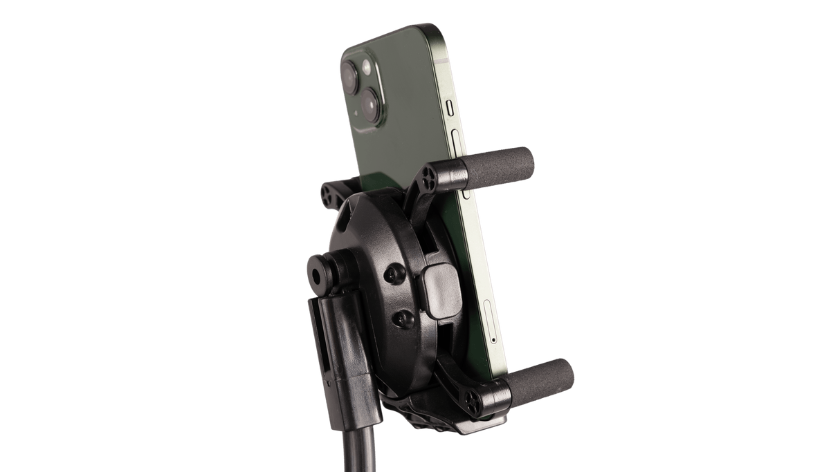Schwarzer Quick Fix Handy- und GPS-Halter mit schwarzem Kugelgelenk und montiertem Smartphone.