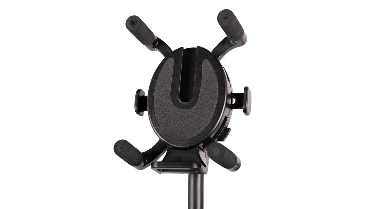 Schwarzer Quick Fix Halter für Smartphone oder GPS mit verstellbaren Armen auf Stativmontage.