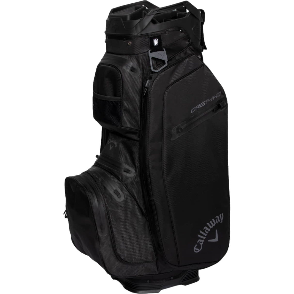 Schwarzes Callaway ORG 14 HD Cart Bag mit mehreren Taschen und gepolstertem Tragegriff.