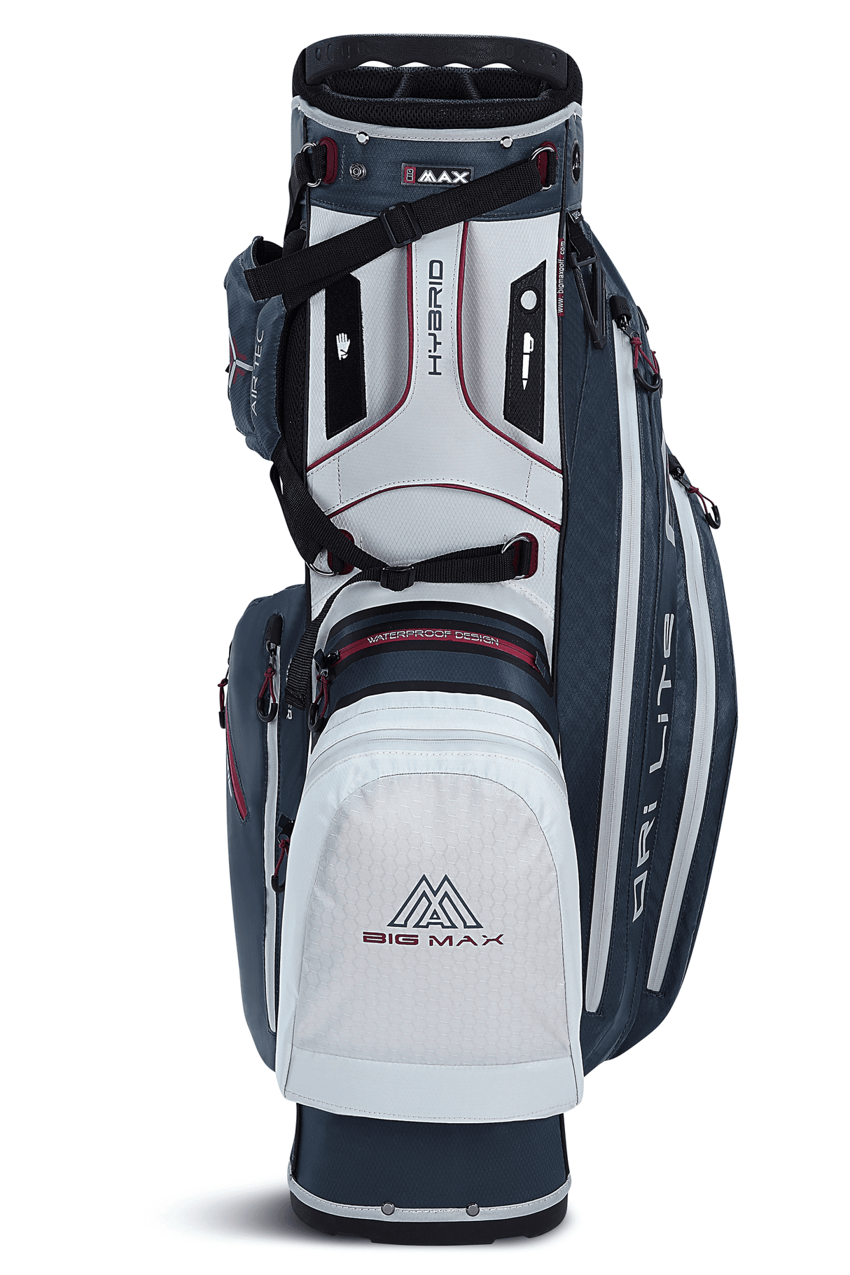 Weißes Big Max Dri Lite Hybrid 2 Golf-Standbag mit schwarzen und roten Akzenten, mehreren Taschen und wasserabweisendem.