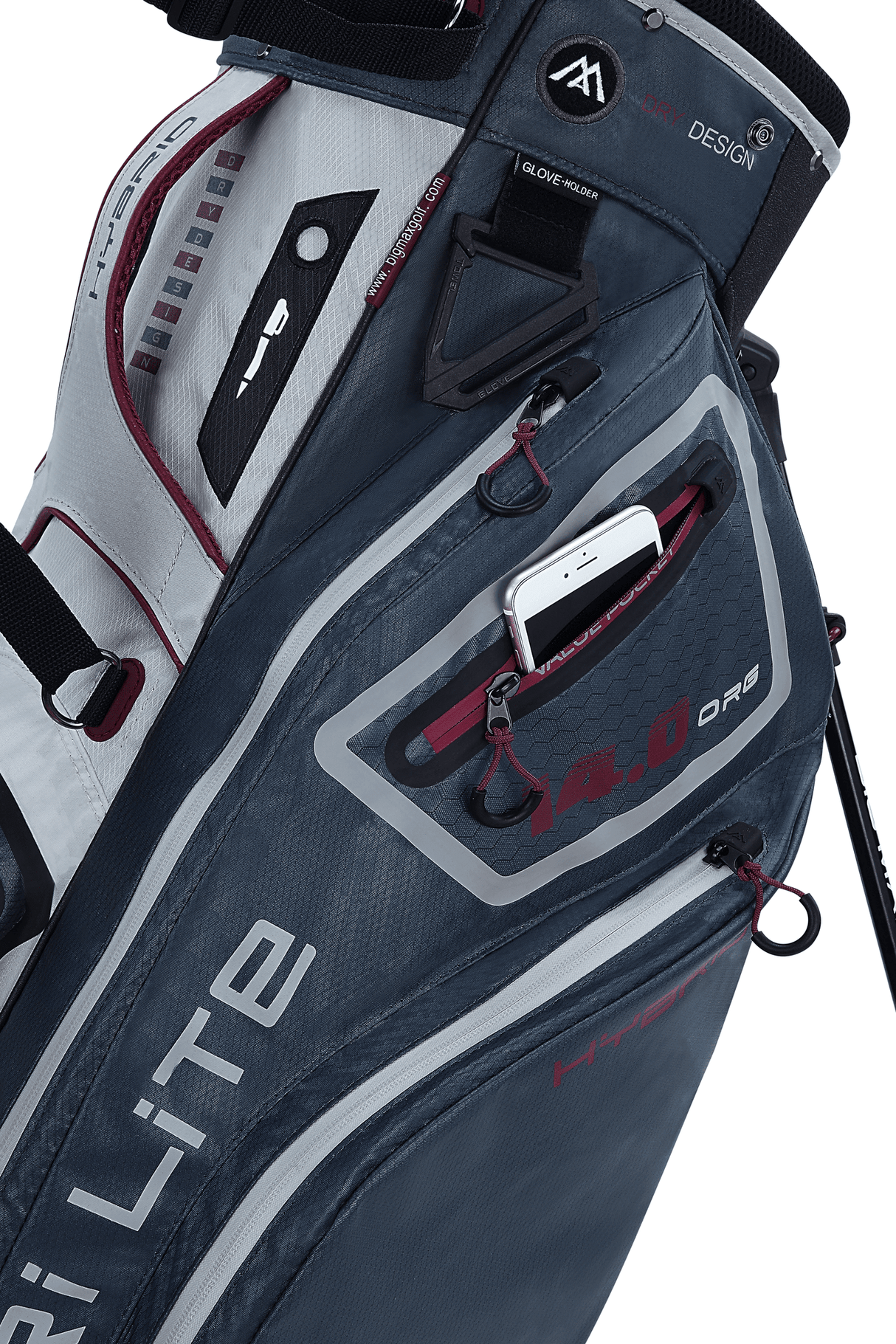 Big Max Dri Lite Hybrid 2 Golfstandbag in dunkelgrau mit roten Akzenten und mehreren Reißverschlusstaschen.