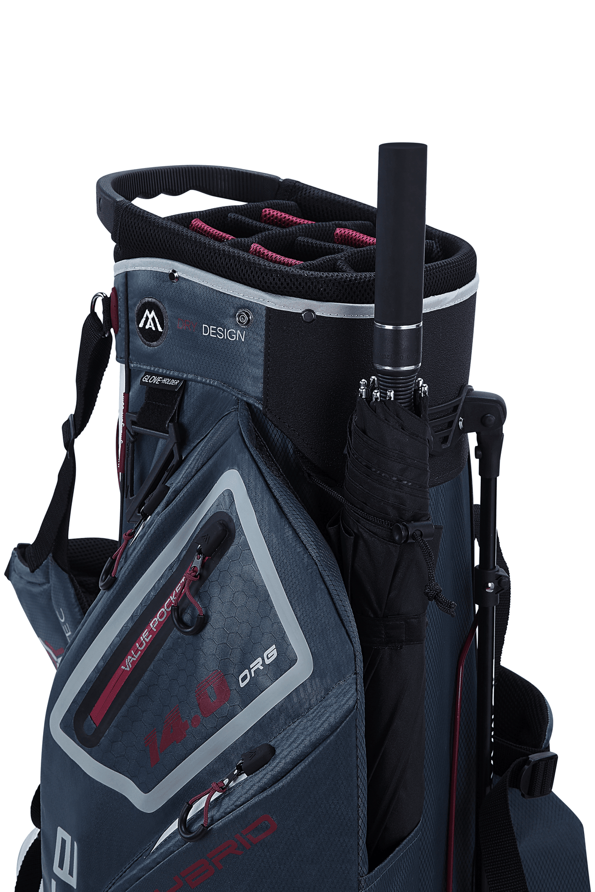 Schwarzes Big Max Dri Lite Hybrid 2 Golfstandbag mit Regenschirmhalter und mehreren Reißverschlusstaschen.