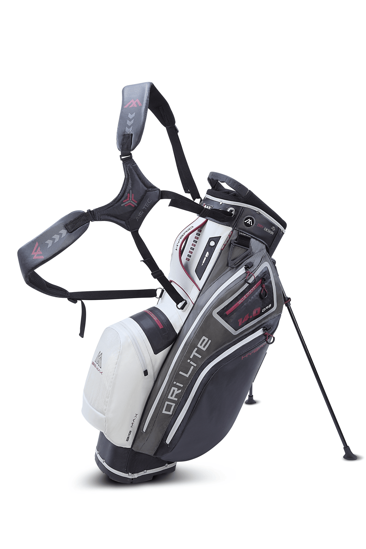 Schwarz-weißes Big Max Dri Lite Hybrid 2 Golfbag mit Ständern und gepolsterten Trägern.