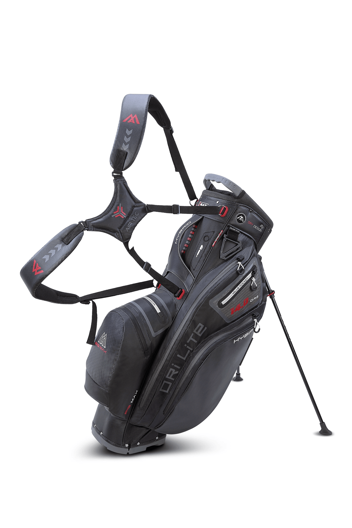 Schwarzes Big Max Dri Lite Hybrid 2 Golfstandbag mit roten Akzenten und Stativbeinen.