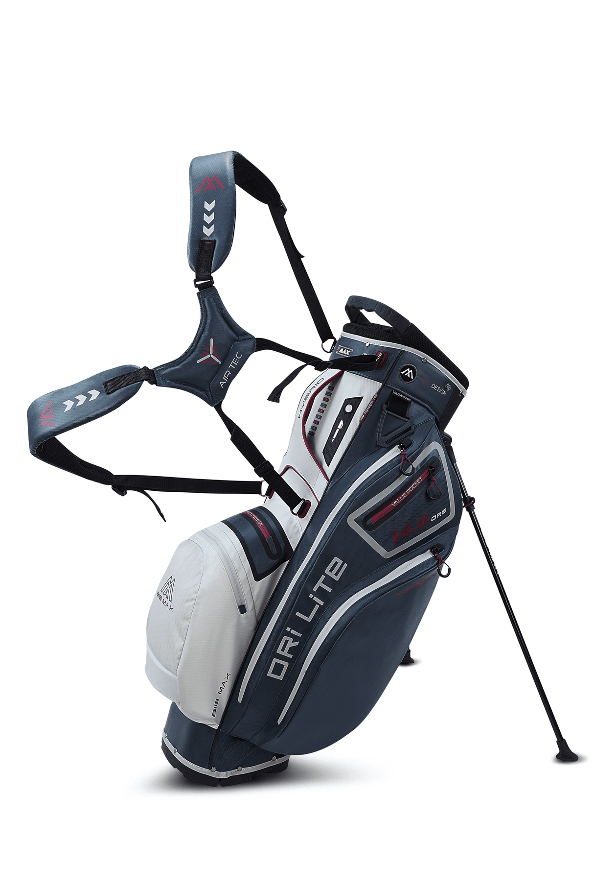 Weiß-blau-rot Big Max Dri Lite Hybrid 2 Golfstandbag mit mehreren Taschen und verstellbaren Schultergurten.