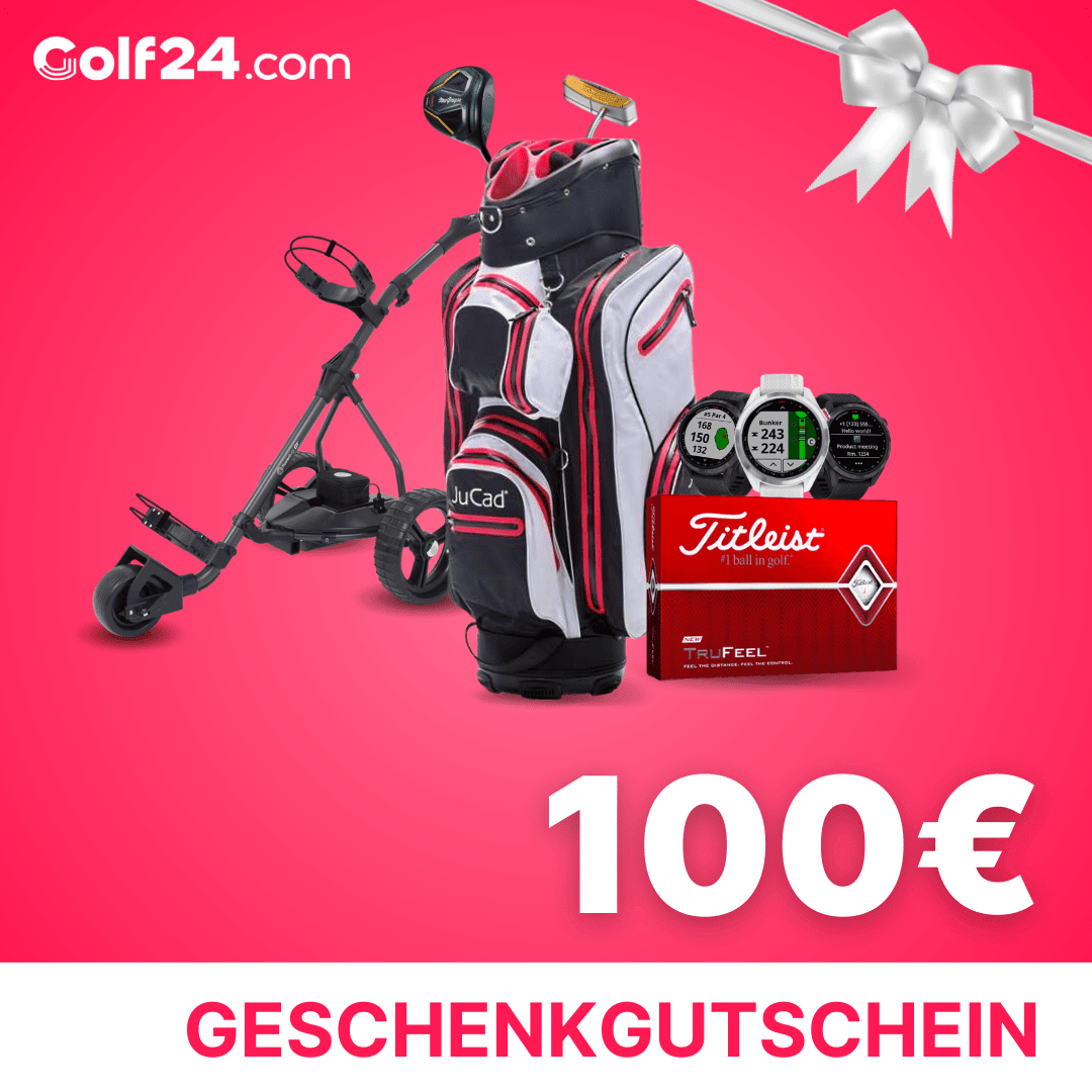 Golfgeschenkgutschein 100 Euro mit Golftasche, Golfwagen, Bällen und Uhren auf rotem Hintergrund.