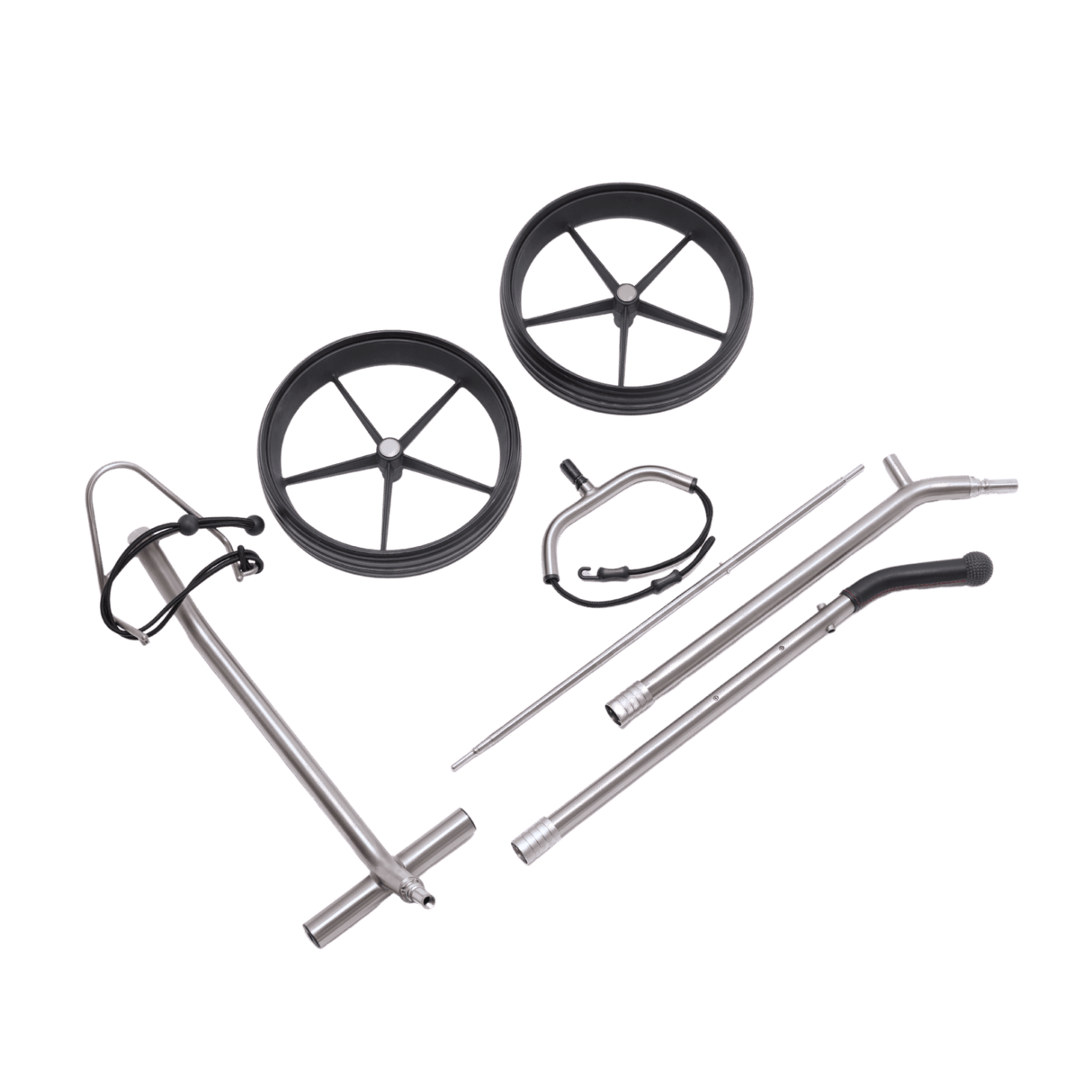Zerlegter TiCad Pro Golftrolley in GFK mit zwei schwarzen Rädern und silbernen Metallteilen.