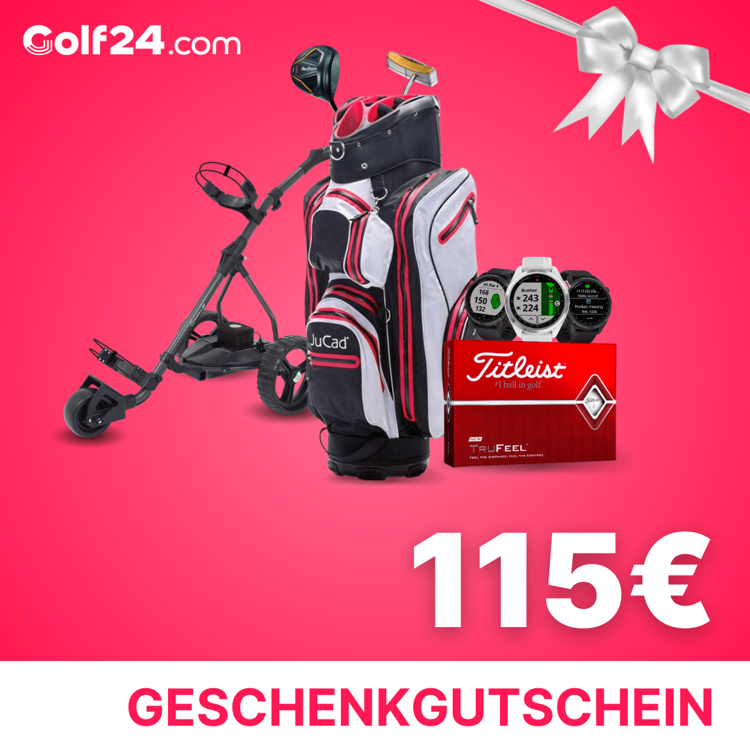 Golf-Set mit schwarzem Trolley, weiß-rotem Golfbag, Titleist Golfbällen und Golfuhren vor pinkem Hintergrund.