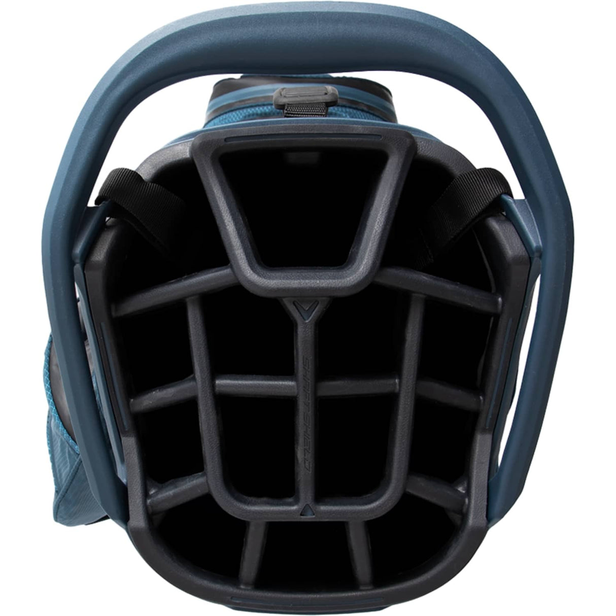 Golfbag in Marineblau mit gepolstertem Griff und mehreren Schlägerfächern in Netzstruktur.