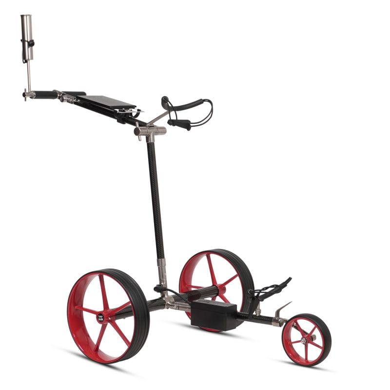 Elektrischer Golftrolley Haicaddy HC9TiC in Carbon mit roten Rädern und klappbarem Griff.