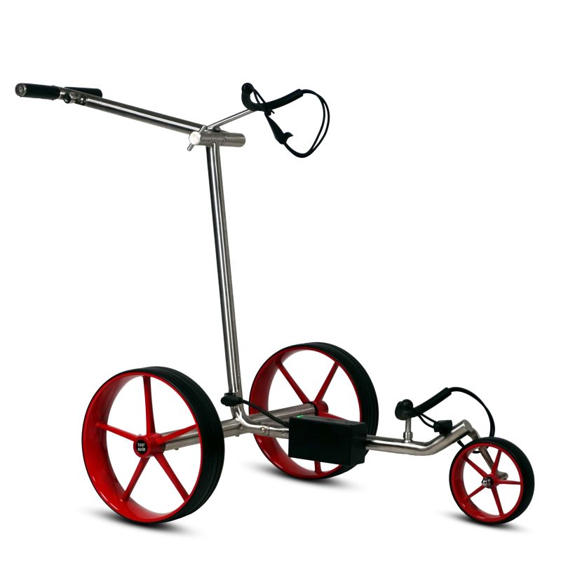 Haicaddy® HC9 Elektrocaddy - Edelstahl gebürstet Golftrolley Elektrisch Tourmade Silber/Rot