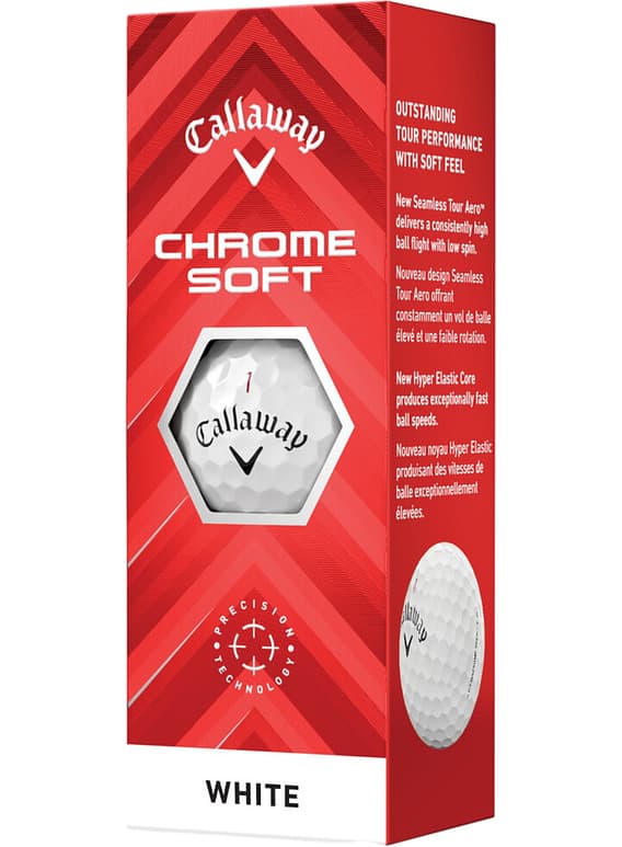 Callaway Chrome Soft 2024 Golfbälle 12er-Pack weiße Golfbälle in roter Verpackung.