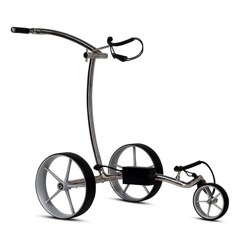 Elektro-Golftrolley Haicaddy HC9S in Silber und Schwarz mit drei Rädern und ergonomischem Griff.