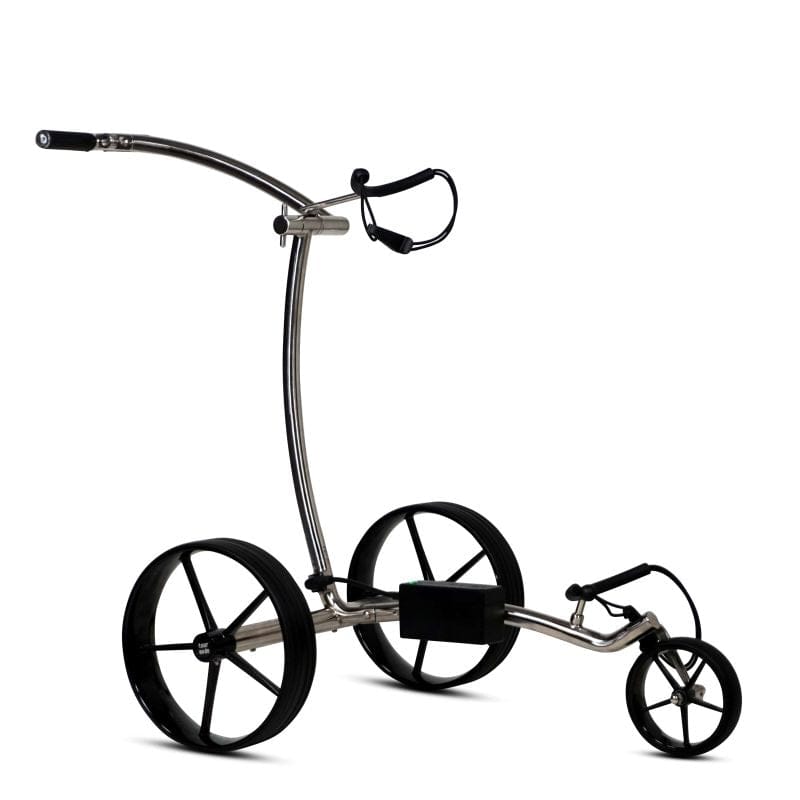 Golftrolley Haicaddy HC9S Facelift in Silber mit schwarzen Griffen und drei großen Rädern.