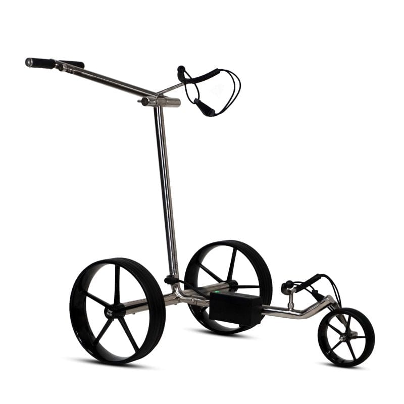 Elektrischer Golftrolley Haicaddy HC9 mit poliertem Edelstahlrahmen und großen schwarzen Rädern.