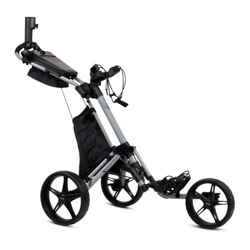 Tour Made 140 Quickfold Push Golftrolley in Schwarz mit drei großen Rädern und praktischem Aufbewahrungsfach.