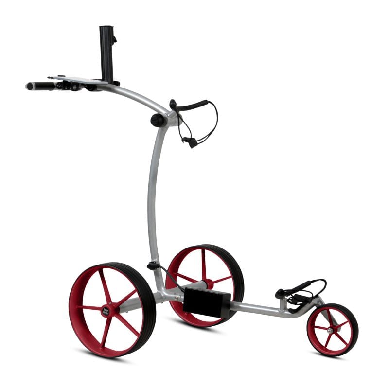 Silberner Tour Made RT-670S Golftrolley mit drei roten Rädern und schwarzem Akkufach.