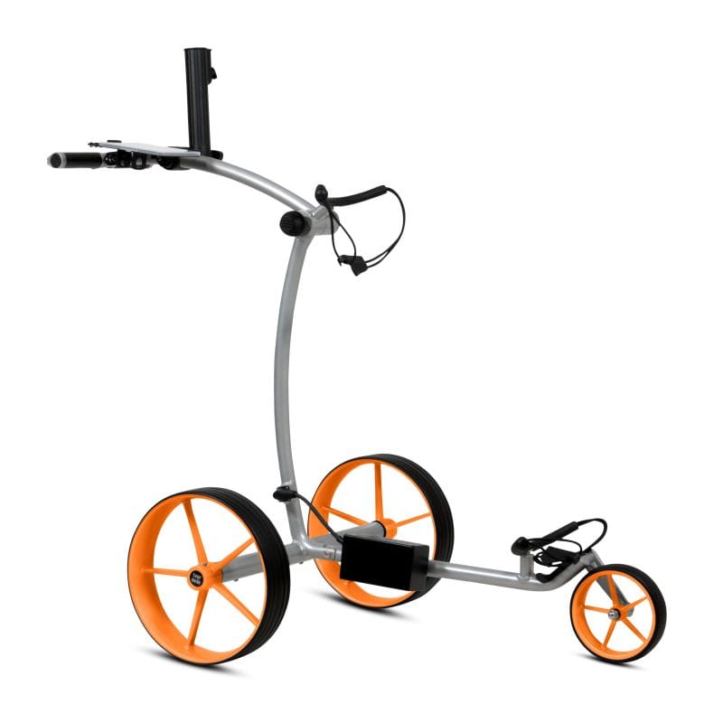 Silberner elektrischer Golftrolley Tour Made RT-670S mit drei orangen Rädern und schlankem Rahmen.