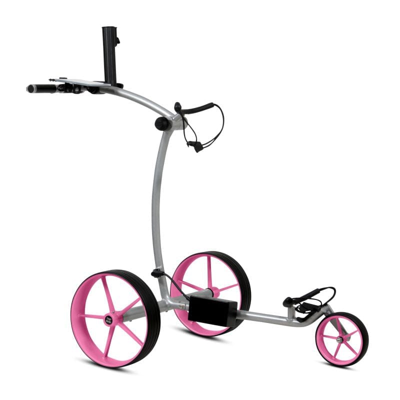 Silberner elektrischer Golftrolley Tour Made RT-670S mit drei pinken Rädern und schwarzem Halter.