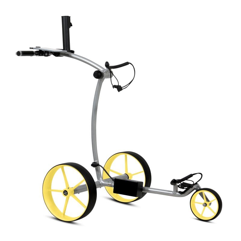 Silberner elektrischer Golftrolley Tour Made RT-670S mit gelben Rädern und verstellbarem Griff.