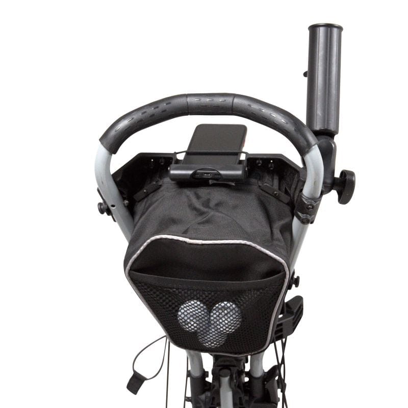 Schwarzer Tour Made 140 Quickfold Push Golftrolley mit ergonomischem Griff, Tasche und Becherhalter.