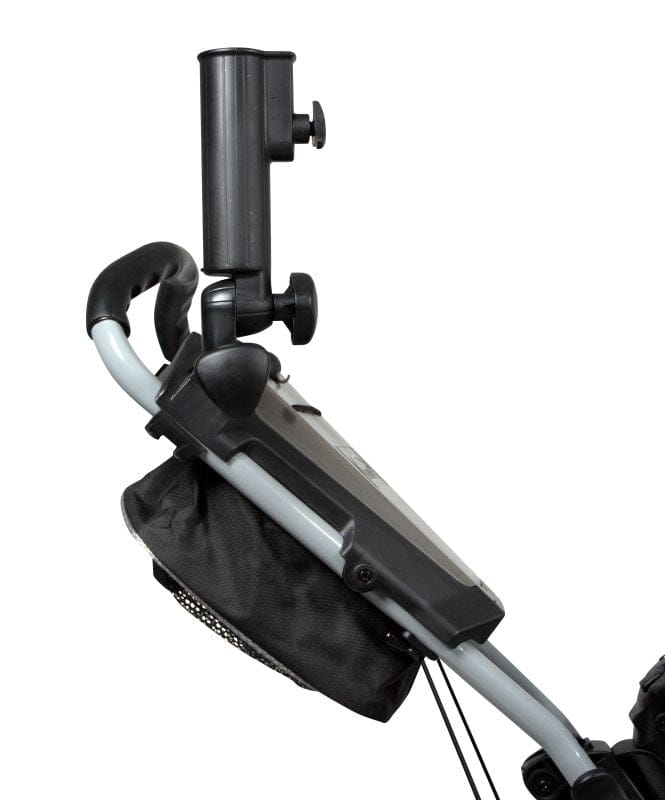 Schwarzer Tourmade 140 Quickfold Push Golftrolley mit faltbarem Aluminiumrahmen und integriertem Getränkehalter.