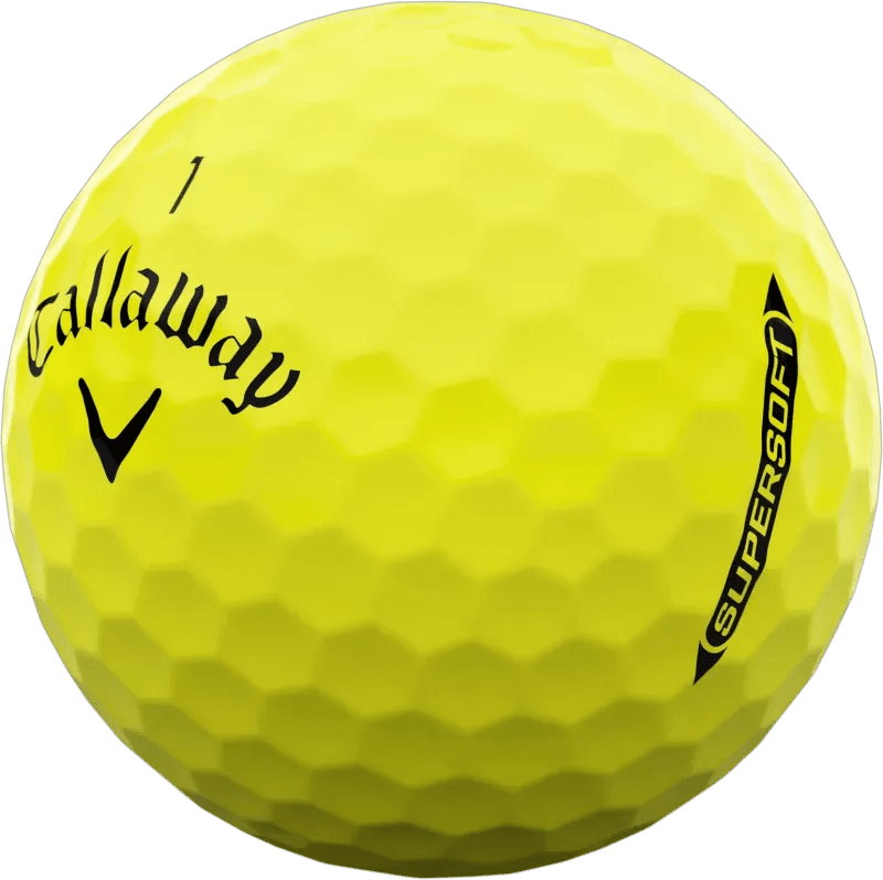 Gelber Callaway Supersoft Golfball mit schwarzer Aufschrift und Nummer 1, Nahaufnahme.