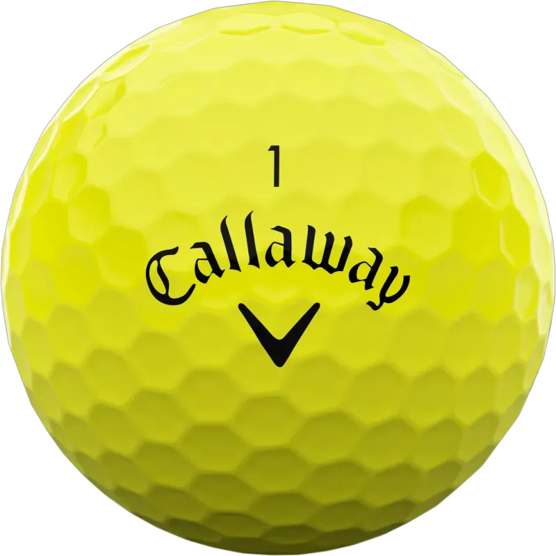 Gelber Callaway Supersoft Golfball mit Wabenstruktur und schwarzem Logo und Nummer 1.