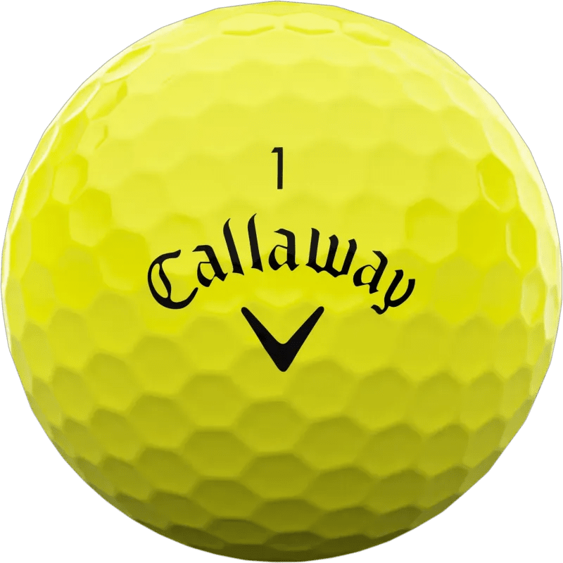 Gelber Callaway Supersoft Golfball mit Wabenstruktur und schwarzem Logo und Nummer 1.