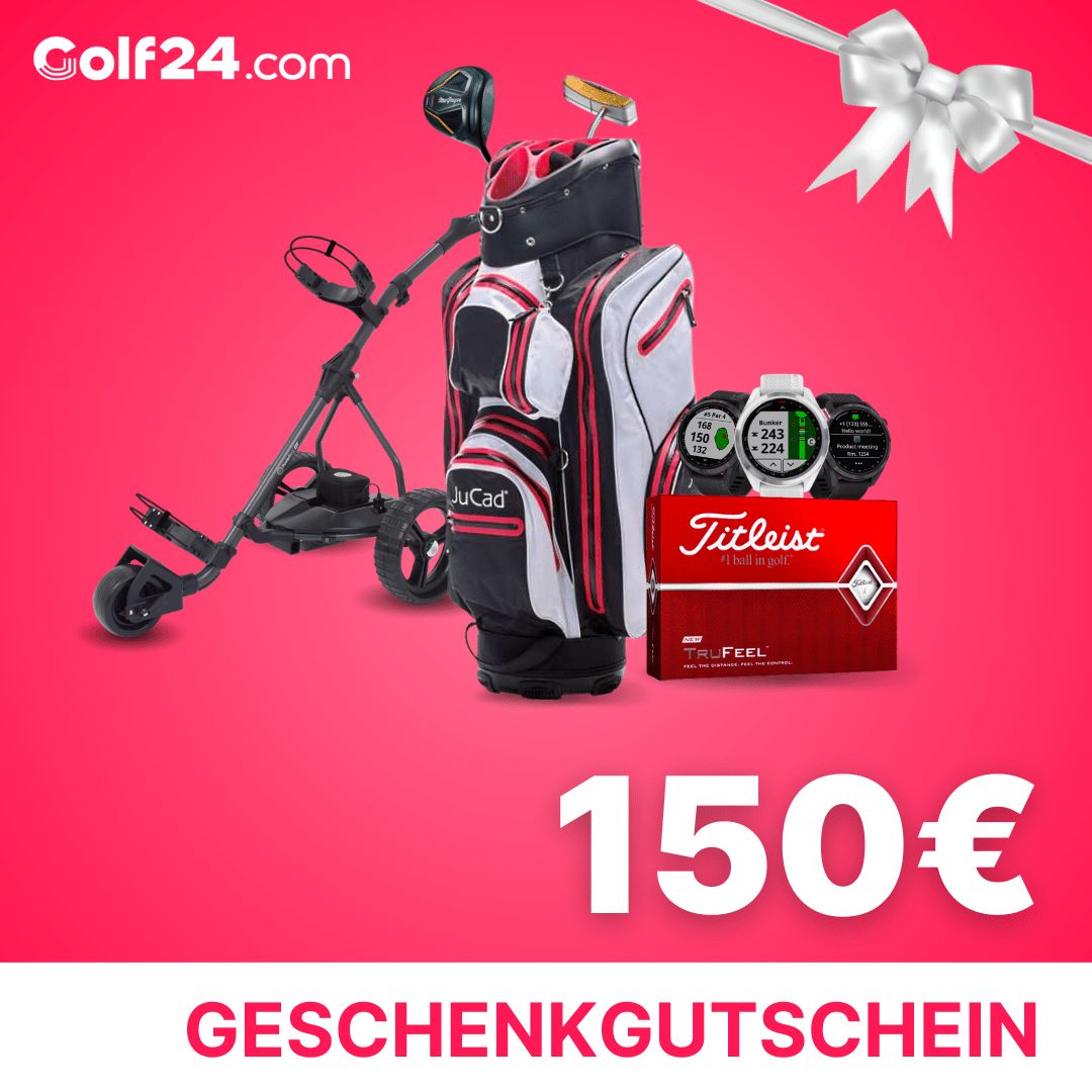 Geschenkgutschein 150 Euro mit Golfset, Golfbag, Trolley und Titleist Bällen vor rotem Hintergrund.
