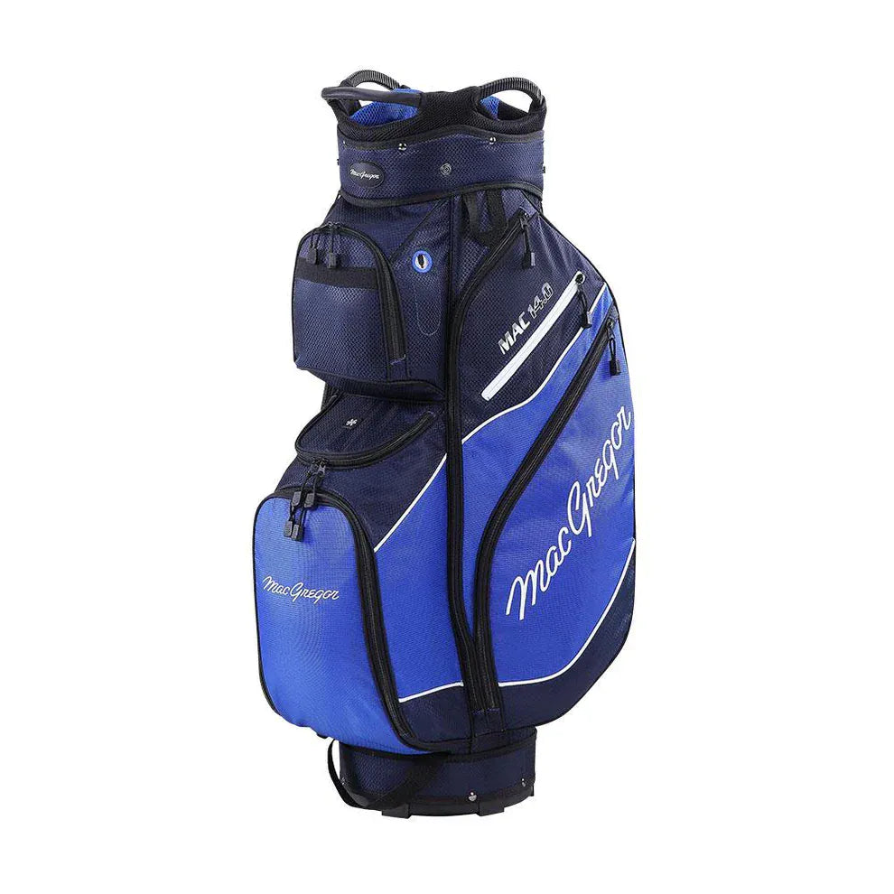 Navyblaues Mac 14.0 10" Golf Cart Bag mit mehreren Reißverschlusstaschen und weißem Markenlogo.