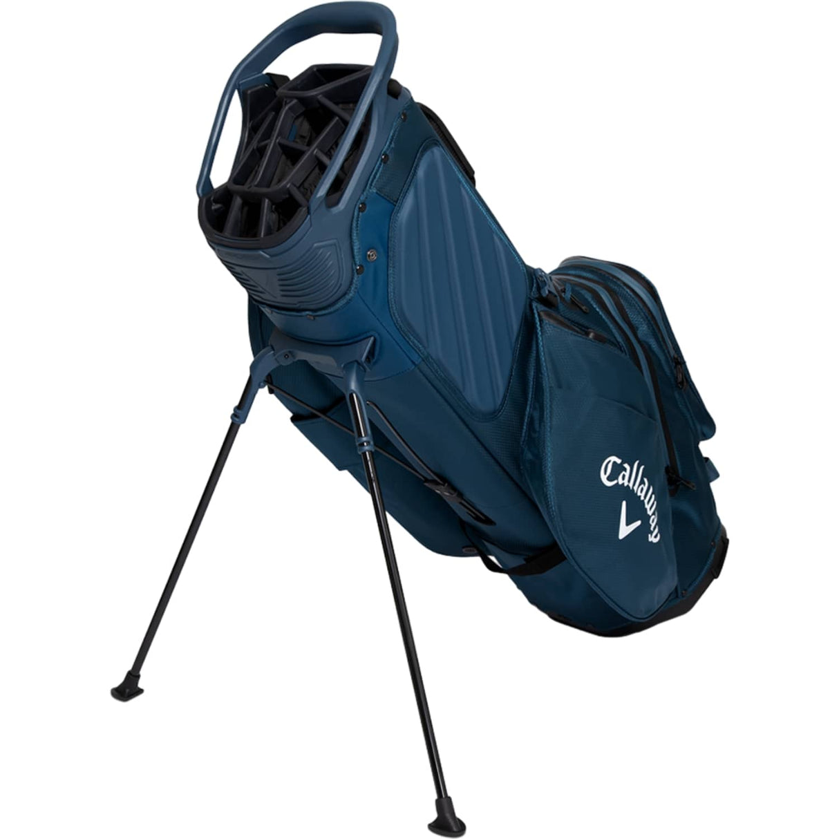 Dunkelblaues Callaway Fairway 14 HD Golfstandbag mit mehreren Fächern und aufklappbaren Standbeinen.