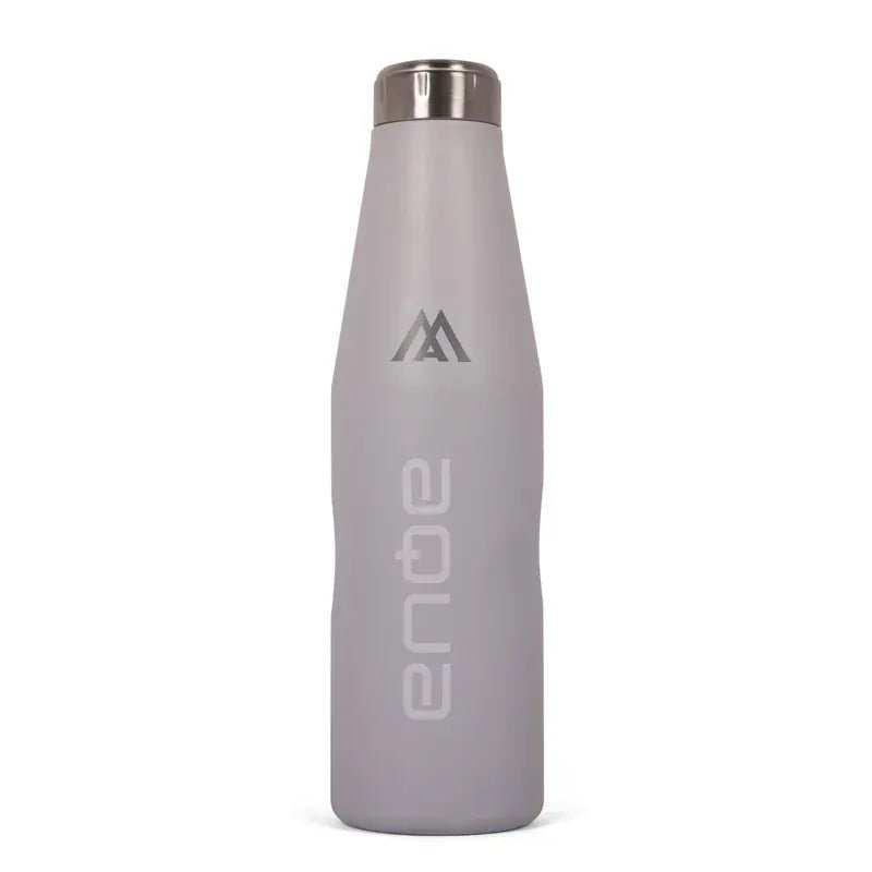 Mattgraue Edelstahl-Trinkflasche mit Big Max Logo und schmalem silbernem Deckel.