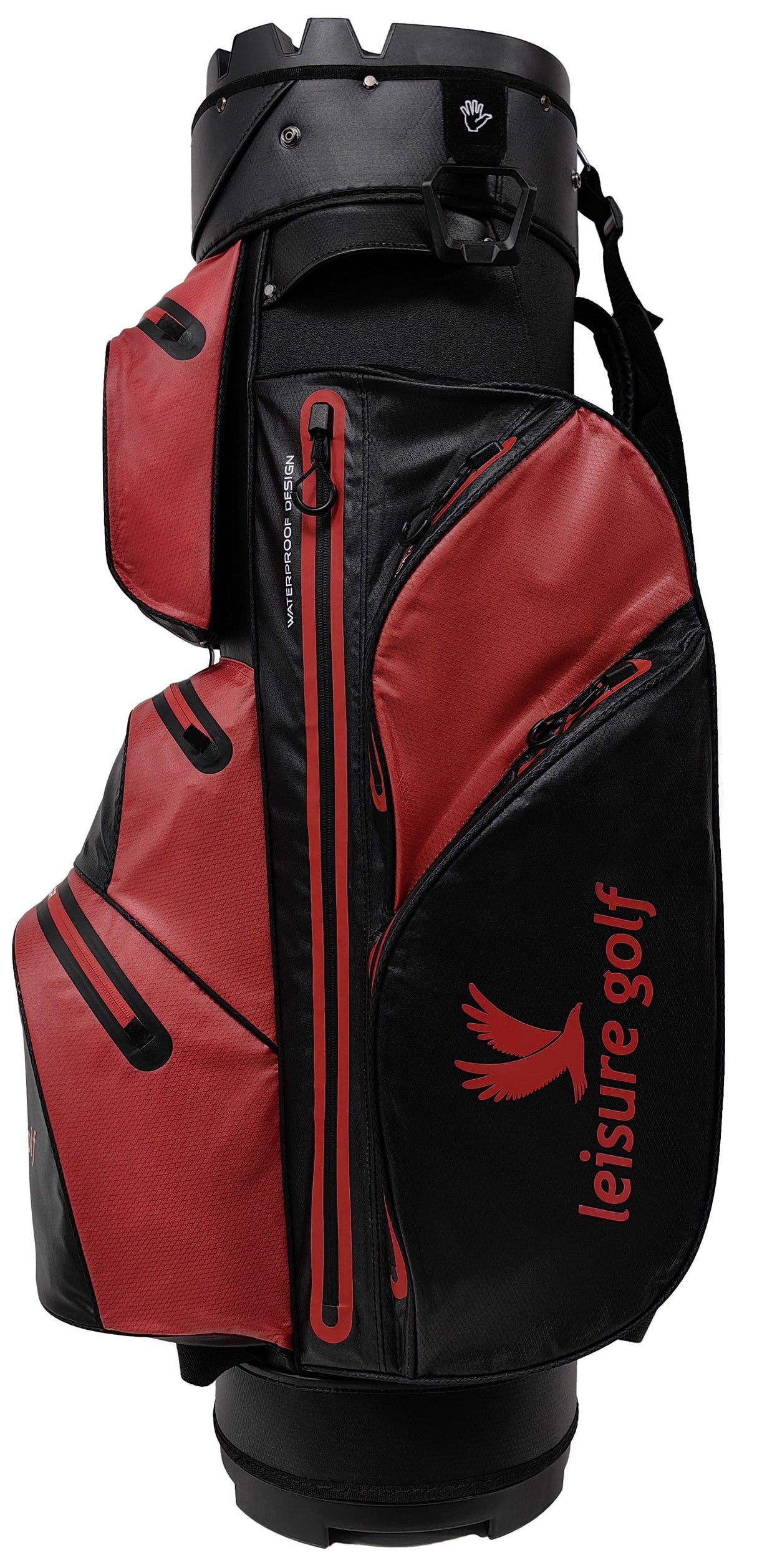 Schwarzes und rotes Golf-Cartbag mit mehreren Reißverschlusstaschen und leisure golf Logo.
